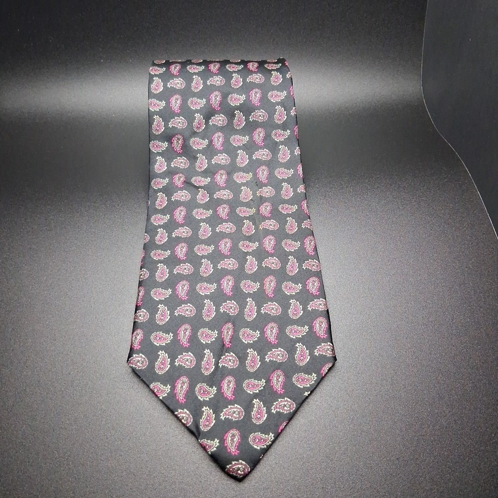 Milano All Silk‎ Tie Hand Made Black Pink Silver Paisley Pattern